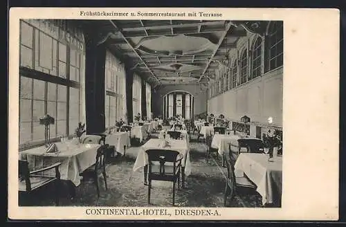 AK Dresden-A., Continental-Hotel, Frühstückszimmer und Sommerrestaurant mit Terrasse