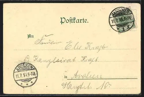 Lithographie Hannover, Hotel Neues Haus mit Gartenanlage, Denkmal