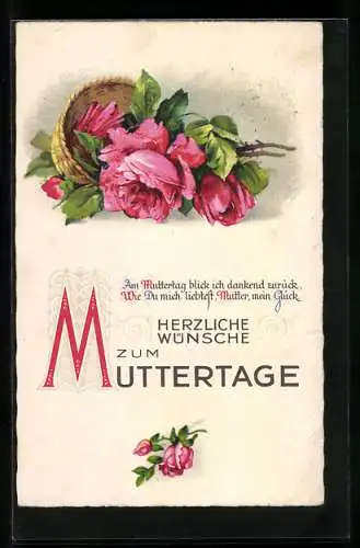 AK Wünsche zum Muttertag, Rosenblüten in einem Korb