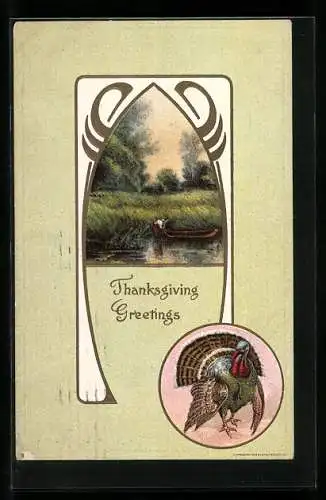 AK Thanksgiving Greetings, Idyllische Flusslandschaft in Passepartout mit Truthahn