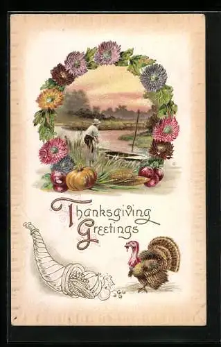 AK Thanksgiving, Boot am Flussufer im Chrysanthemen-Rahmen, Truthahn und Füllhorn