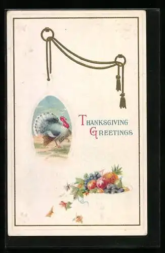 AK Thanksgiving Greetings, Truthahn im Passepartout mit Obstschale