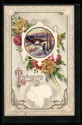 AK Thanksgiving Greetings, Verschneiter Fluss im Chrysanthemen-Passepartout