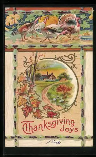 AK Thanksgiving Joys, Truthahn und Puten über einer Herbstlandschaft