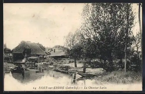 AK Nort-sur-Erdre, Le Chantier Lorin et la rivière bordée d`arbres et de maisons