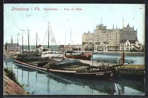 AK Strassburg i. Els., Rheinhafen mit Schiffen