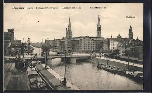 AK Duisburg, Panorama mit Schwanentorbrücke, Liebfrauenkirche und Rathaus