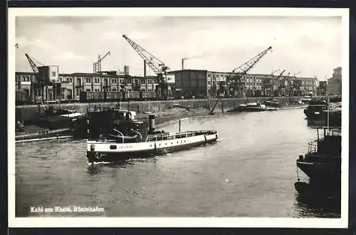 AK Kehl, Rheinhafen, Dampfer Lallenkönig, Kräne