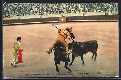 AK Corrida de Toros / Stierkampf, Picador y toro, Toro que recarga