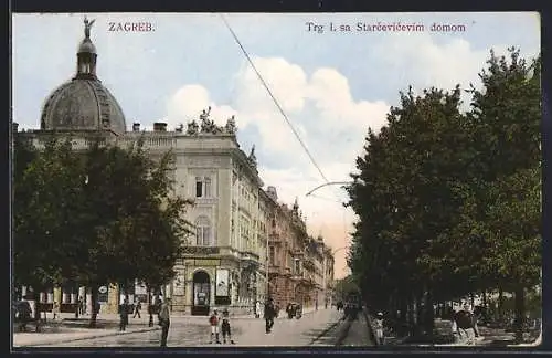 AK Zagreb, Trg I. sa Stracevicevim domom mit Strassenbahn