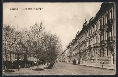 AK Zagreb, Trg Franje Josipa, Strassenpartie mit Pferdekutsche