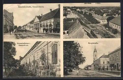 AK Ruma, Eisenbahnstrasse mit Gemeindeamt, Herrschaftshaus, Hauptstrasse