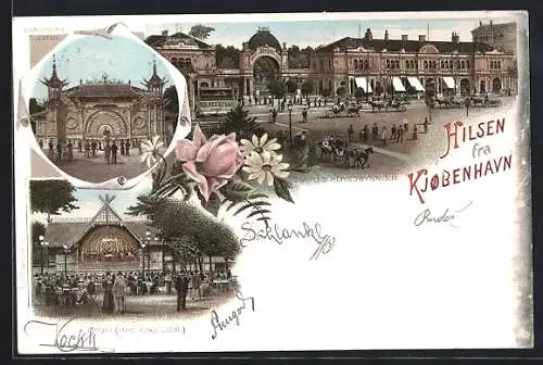 Lithographie Kjobenhavn, Pantomime Theater, Tivoli Musikpavillon, Tivolis Hovedbygning, Strassenbahn