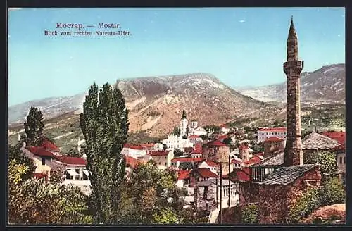 AK Mostar, Blick vom rechten Narenta-Ufer auf die Stadt