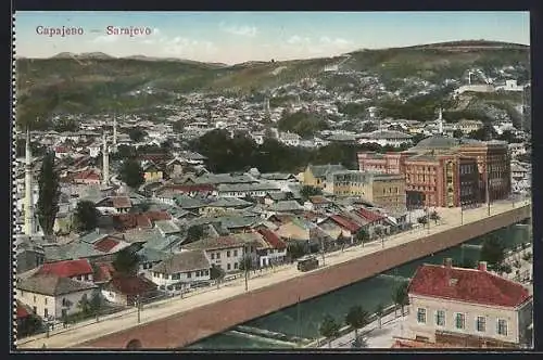 AK Sarajevo, Panorama mit Strassenbahn