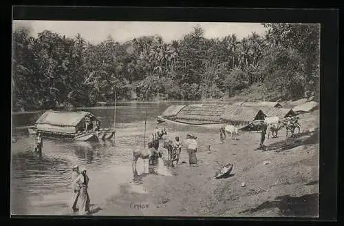 AK Ceylon, Natives on the river bank with ferry boats