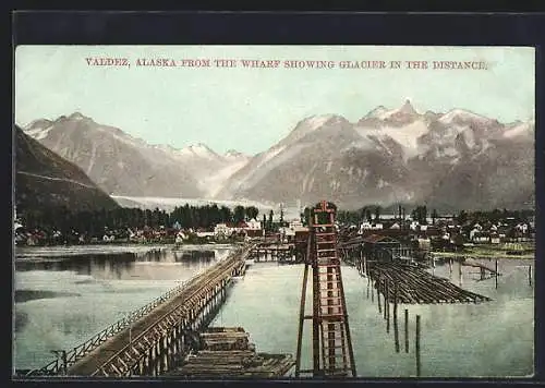 AK Valdez, Alaska from the wharf showing glacier in the distance