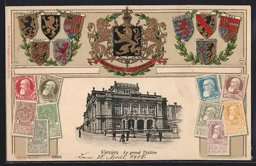 Präge-AK Verviers, Le grand Theatre, Briefmarken und Wappen