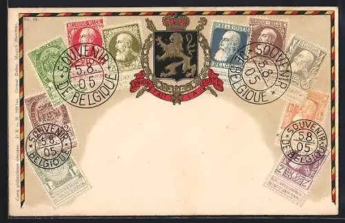 AK Belgien, Briefmarken und Wappen des Landes