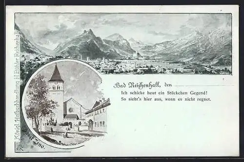 Künstler-AK Bad Reichenhall, Ortskirche Sanct Zeno und Bergpanorama