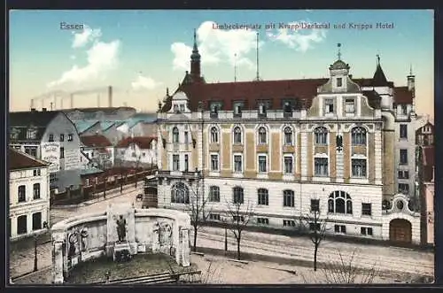 AK Essen, Limbeckerplatz mit Krupp-Denkmal und Krupps Hotel