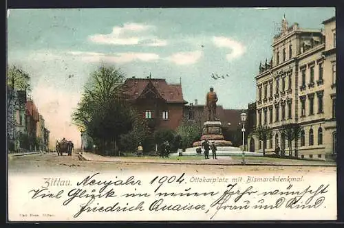 AK Zittau, Ottokarplatz mit Bismarckdenkmal in der Dornspachstrasse