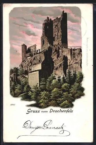 Lithographie Königswinter, Burgruine Drachenfels