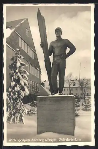 AK Altenberg i. Erzgeb., Skiläuferdenkmal im Winter