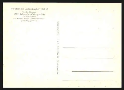 AK Ruhpolding /Chiemgau-Obb., Gasthaus Unternberghof, Bes. Fam. Eismann, Aussenansicht mit Bergen