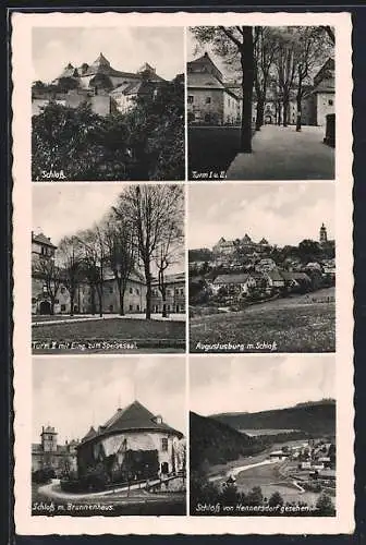 AK Augustusburg, Schloss, Turm I. u. II, Schloss mit Brunnenhaus