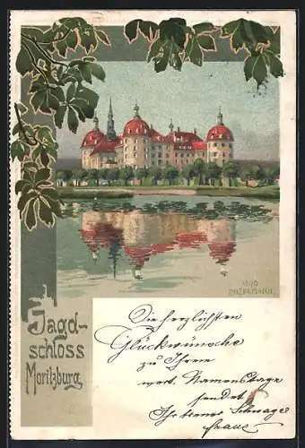 Künstler-AK Moritzburg / Sachsen, Blick übers Wasser zum Jagd-Schloss