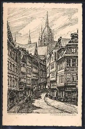 AK Alt-Frankfurt, Kannegiessergasse mit Blick zum Dom