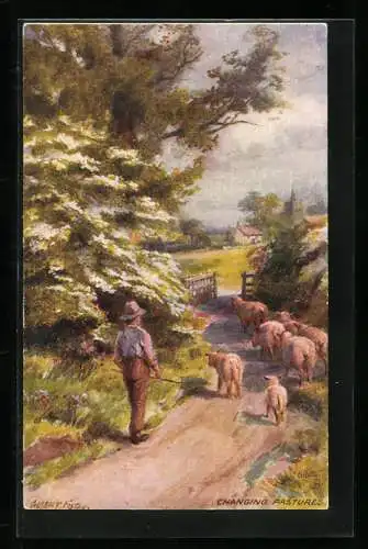 Künstler-AK Raphael Tuck & Sons Nr. 9031: Changing Pastures, Schäfer mit Herde