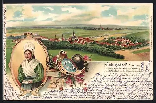 Lithographie Friedrichsdorf / Taunus, Ansicht aus der Vogelschau, Frau in Alt-Friedrichsdörfer Tracht