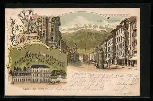 Vorläufer-Lithographie Innsbruck, 1893, Gasthof zum Bierstindl, Maria Theresienstrasse