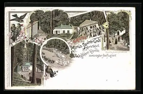 Lithographie Krummnussbaum, Maria Steinbründl, Wallfahrts-Kapelle, Gasthaus, Wallfahrtsprozession