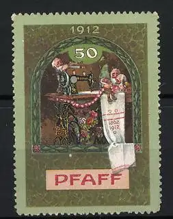 Reklamemarke Pfaff Nähmaschine, 50 jähr. Jubiläum 1862-1912, Zwerge mit Nähmaschine