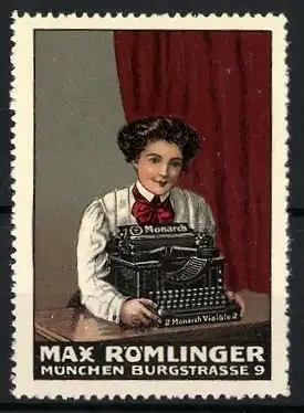 Reklamemarke München, Max Römlinger, Burgstrasse 9, Frau mit Schreibmaschine