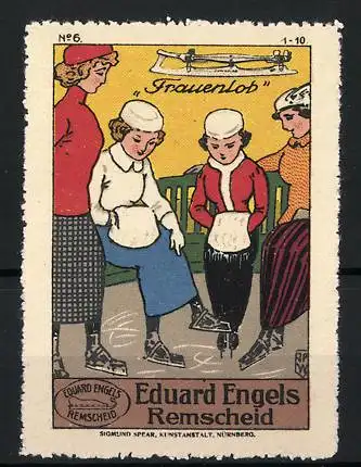 Künstler-Reklamemarke Johann Peter Werth, Remscheid, Eduard Engels, Frauen mit Schlittschuhen Frauenlob, Bild 6