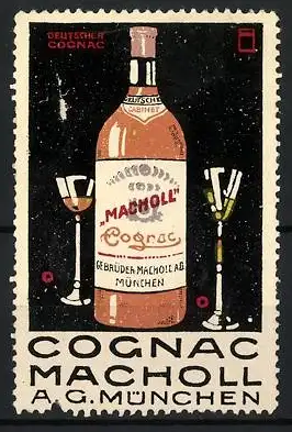 Künstler-Reklamemarke Ludwig Hohlwein, Cognac Macholl AG, München, Likörflasche mit zwei Gläsern