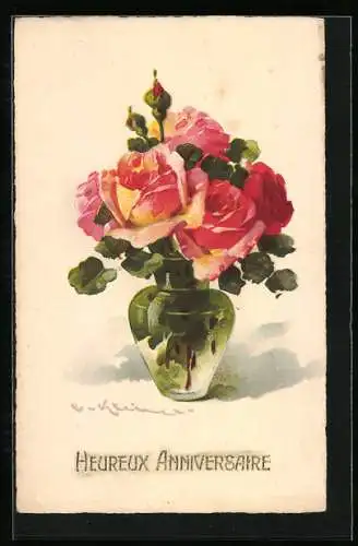 Künstler-AK Catharina Klein: Strauss aus rosa-gelben Rosen in einer gläsernen Vase