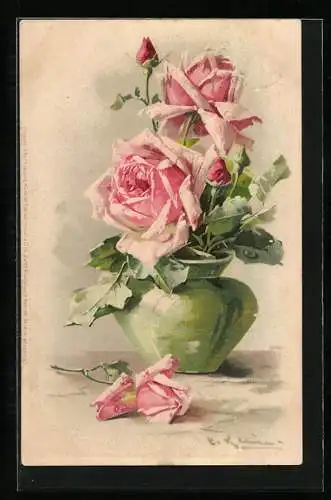 Künstler-AK Catharina Klein: Rosafarbener Rosenstrauss in einer grünen Vase