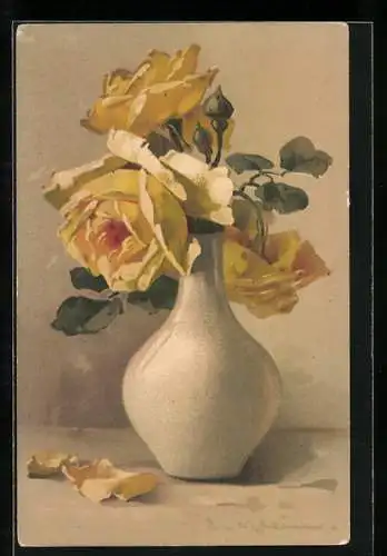 Künstler-AK Catharina Klein: Gelbe Rosen in weisser Vase