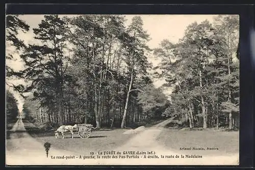 AK La Forêt du Gâvre, Le rond-point avec charrette, route des Pas-Portais et route de la Madeleine