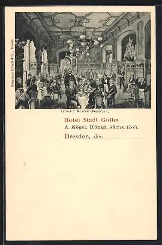 Künstler-AK Dresden, Hotel Stadt Gotha, Grosser Restaurants-Saal, Innenansicht