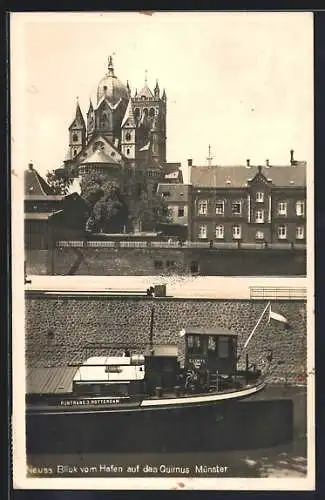 AK Neuss, Blick vom Hafen mit Boot Runtrans 3 Rotterdam auf das Quirnus Münster