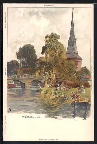 Lithographie Hamburg-Winterhude, Ortspartie mit Brücke