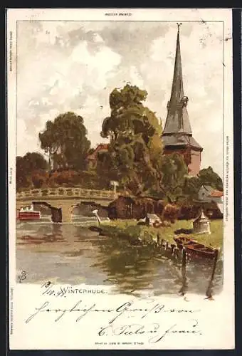 Künstler-AK Carl Biese: Hamburg-Winterhude, Idylle mit Kirche und Brücke