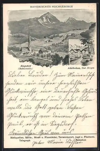 Künstler-AK Adelholzen /Stat. Bergen, Ansicht und Siegsdorf Bahnstation