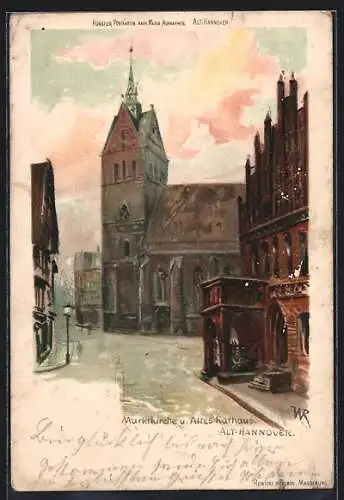 Lithographie Hannover, Altes Rathaus und Marktkirche